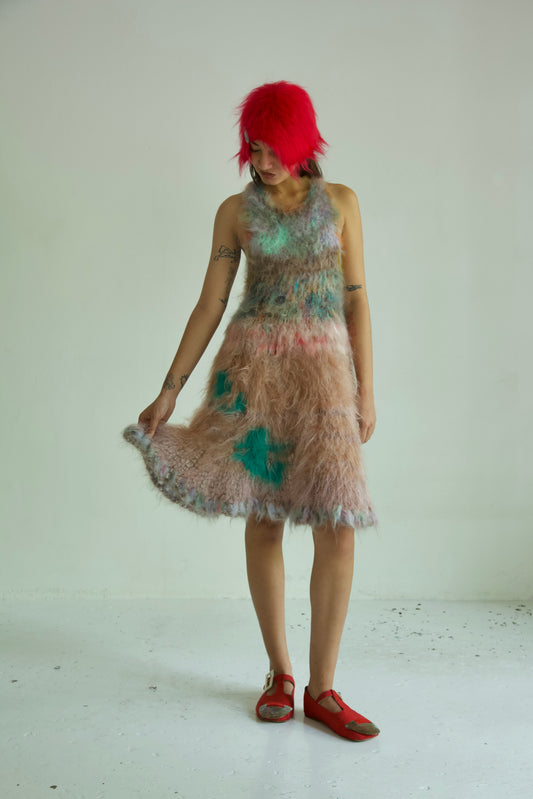 NR Blur Brushed One-of-a-kind Hand Knit & Crocheted Mohair Halter Painting Dress
