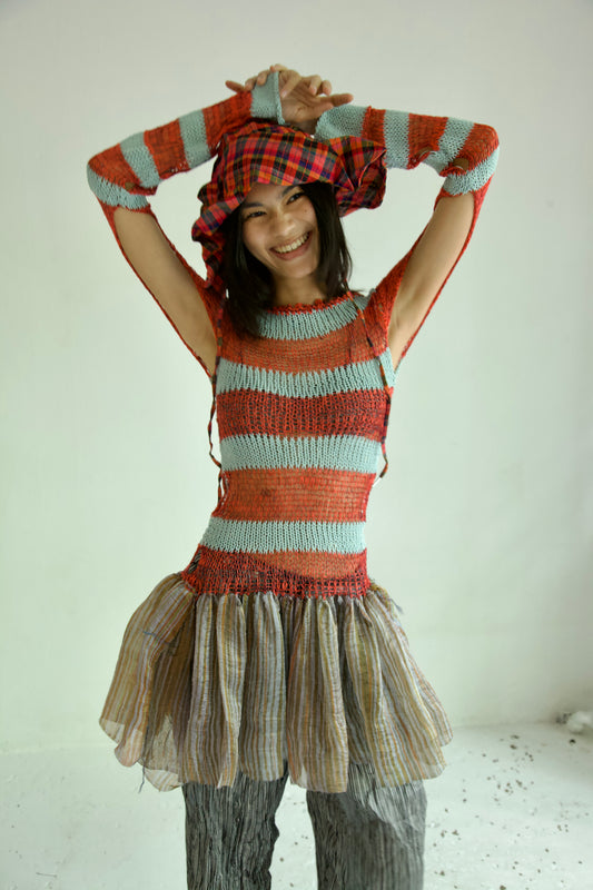 Debris Knit Thai Silk & Cotton & Woven Scarf Long Sleeve Split Tunic Dress Top