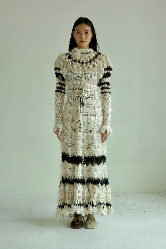 Debris Decomposing Victorian Revival Fiber Art Crocheted Hand-Spun Alpaca Balloon Sleeve Gown