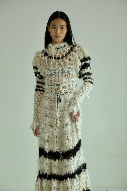 Debris Decomposing Victorian Revival Fiber Art Crocheted Hand-Spun Alpaca Balloon Sleeve Gown