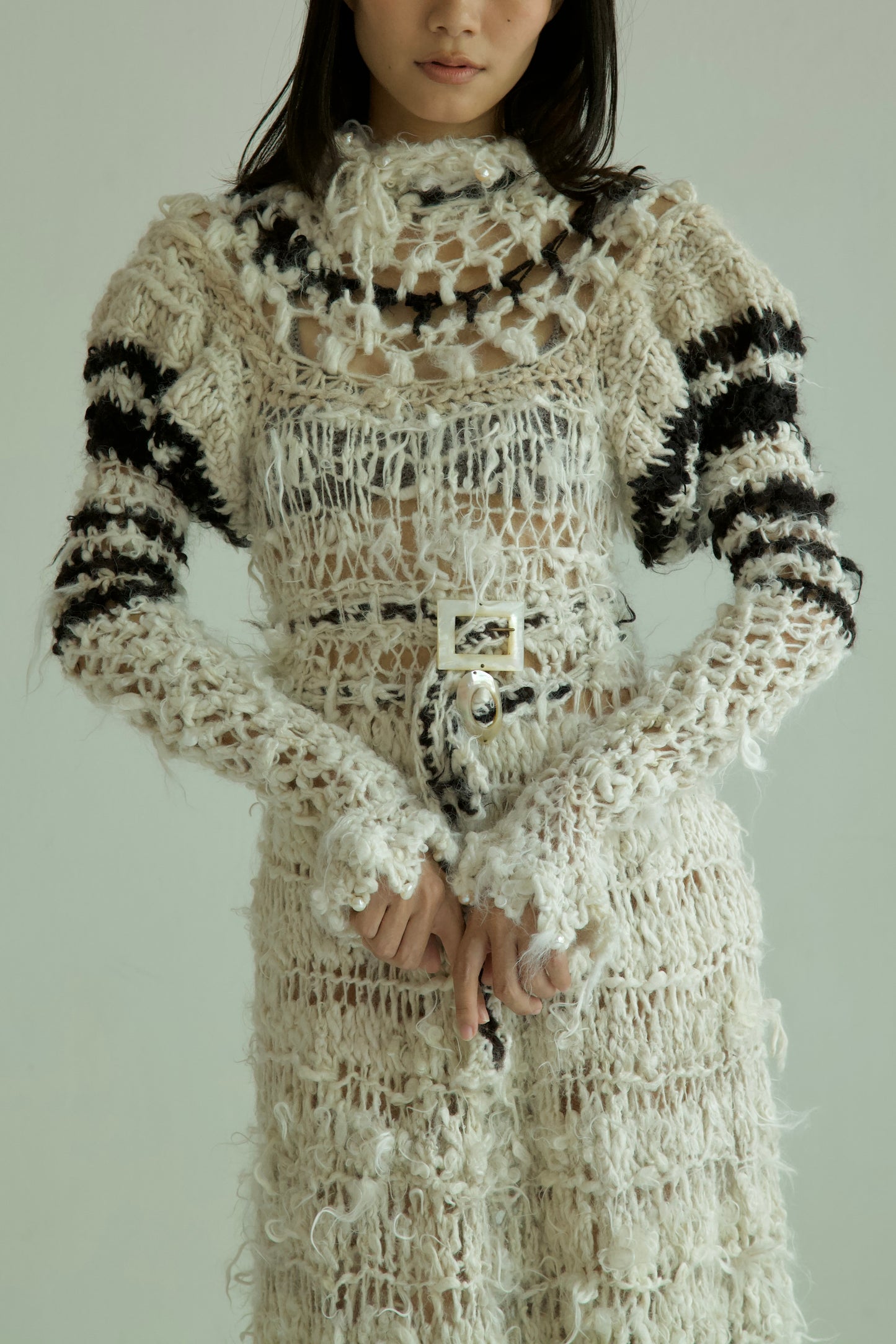 Debris Decomposing Victorian Revival Fiber Art Crocheted Hand-Spun Alpaca Balloon Sleeve Gown