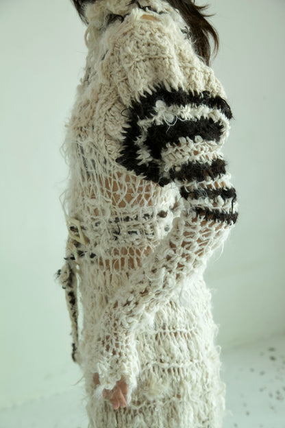 Debris Decomposing Victorian Revival Fiber Art Crocheted Hand-Spun Alpaca Balloon Sleeve Gown