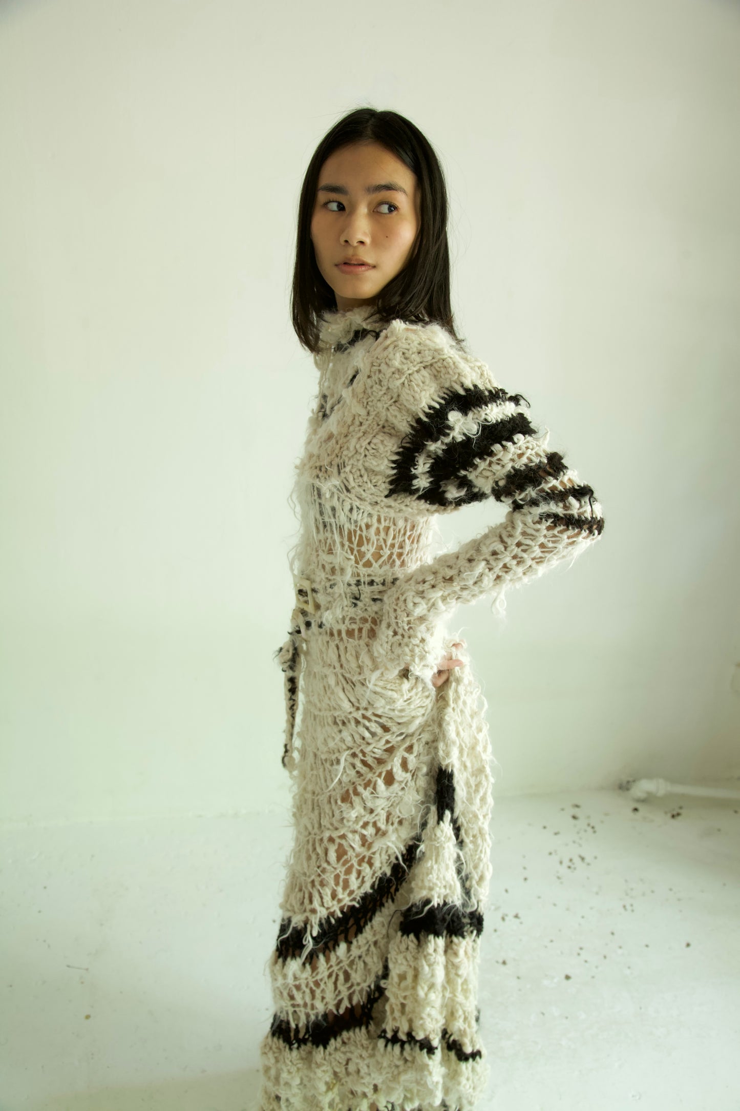 Debris Decomposing Victorian Revival Fiber Art Crocheted Hand-Spun Alpaca Balloon Sleeve Gown