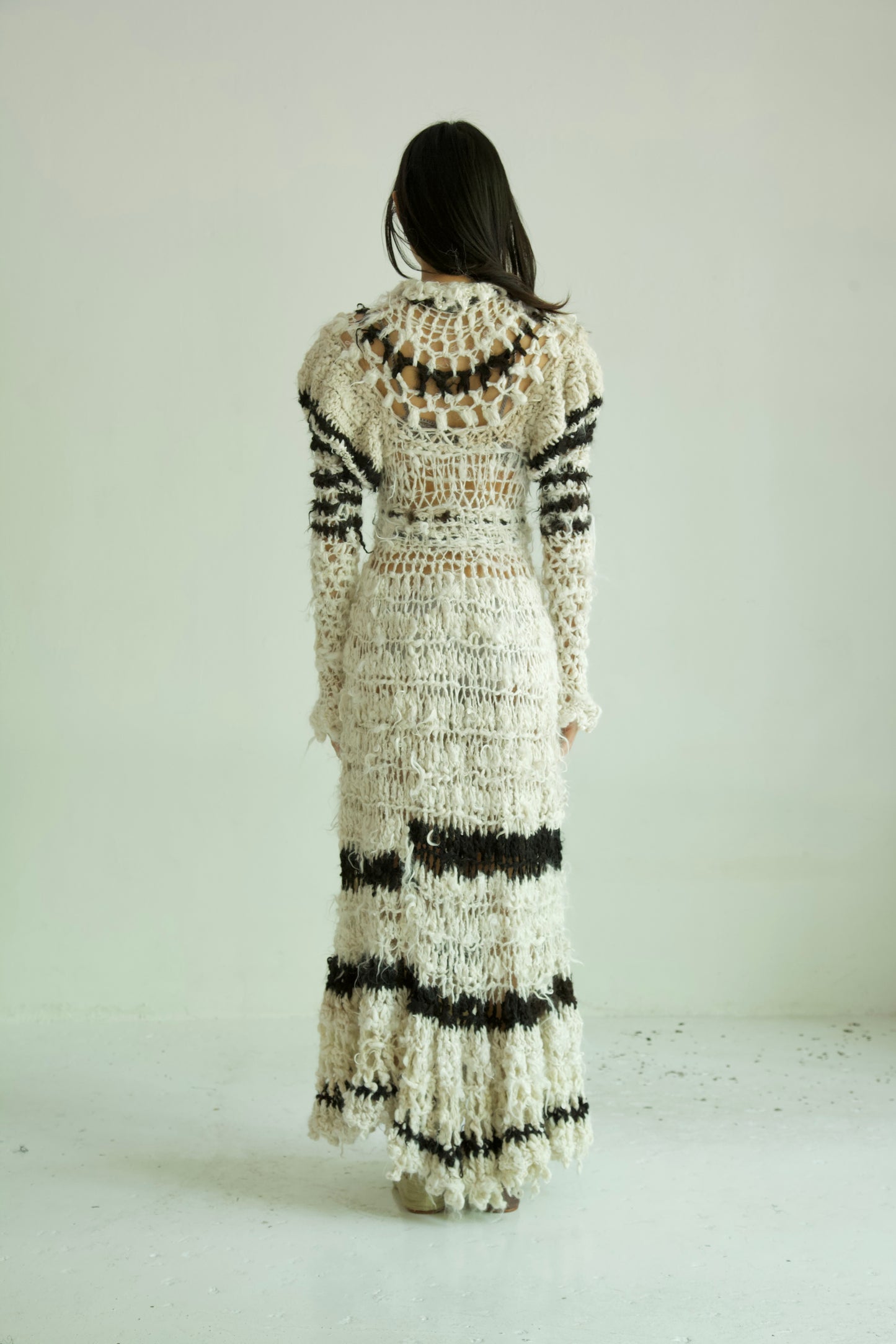 Debris Decomposing Victorian Revival Fiber Art Crocheted Hand-Spun Alpaca Balloon Sleeve Gown