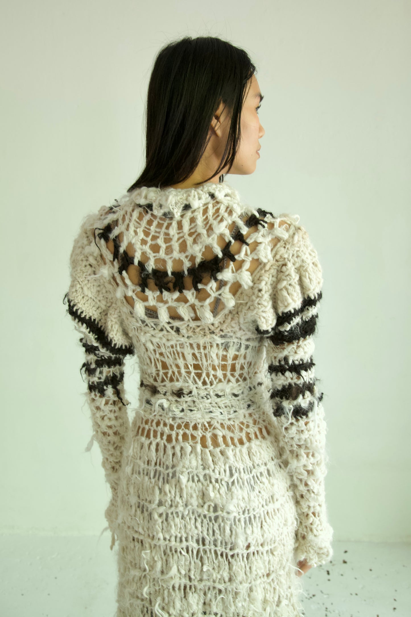 Debris Decomposing Victorian Revival Fiber Art Crocheted Hand-Spun Alpaca Balloon Sleeve Gown