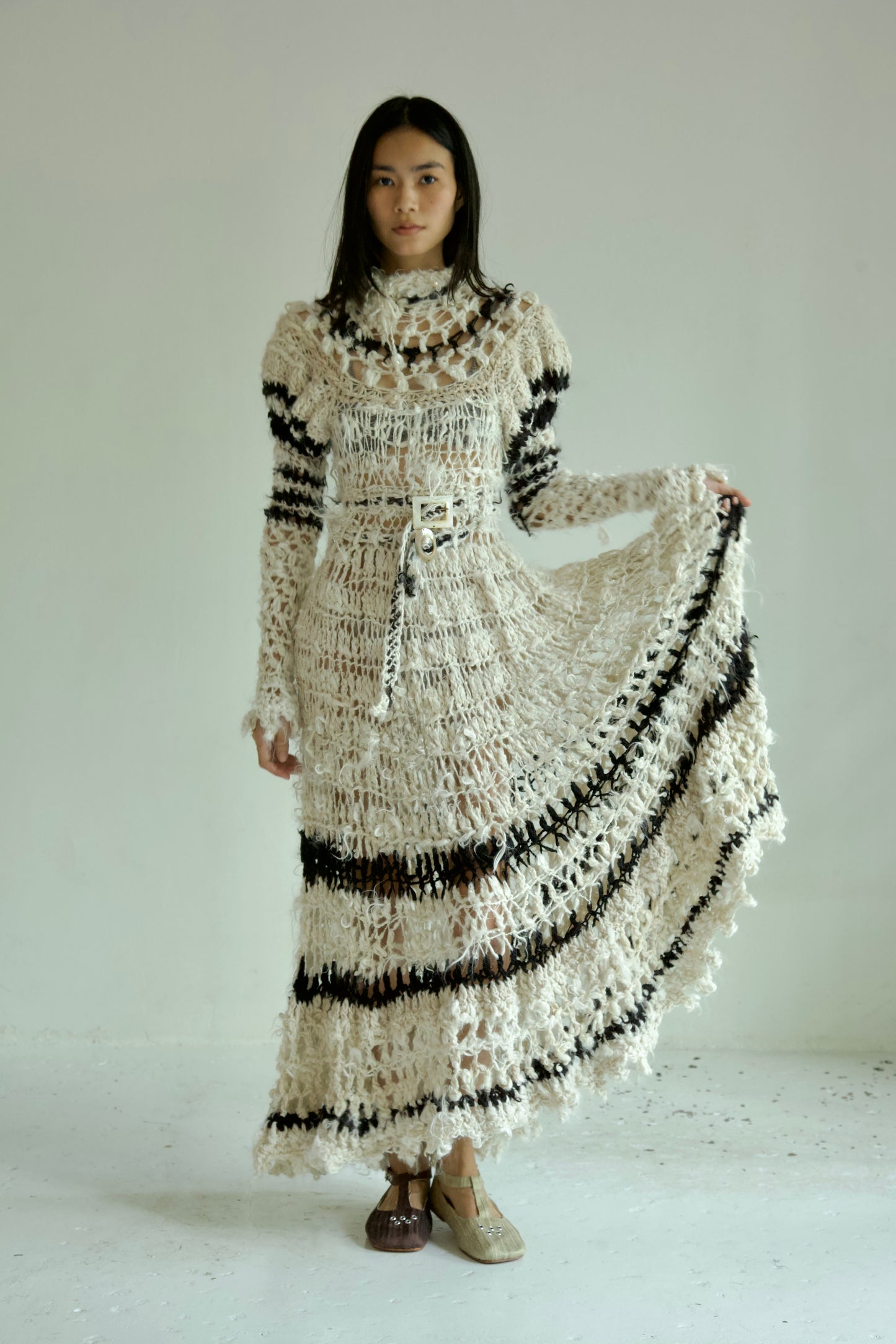 Debris Decomposing Victorian Revival Fiber Art Crocheted Hand-Spun Alpaca Balloon Sleeve Gown
