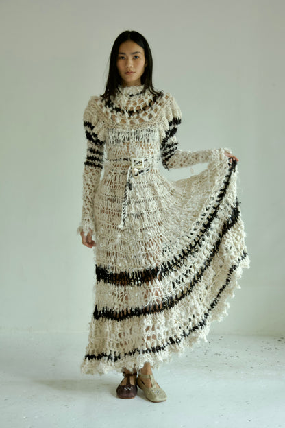 Debris Decomposing Victorian Revival Fiber Art Crocheted Hand-Spun Alpaca Balloon Sleeve Gown