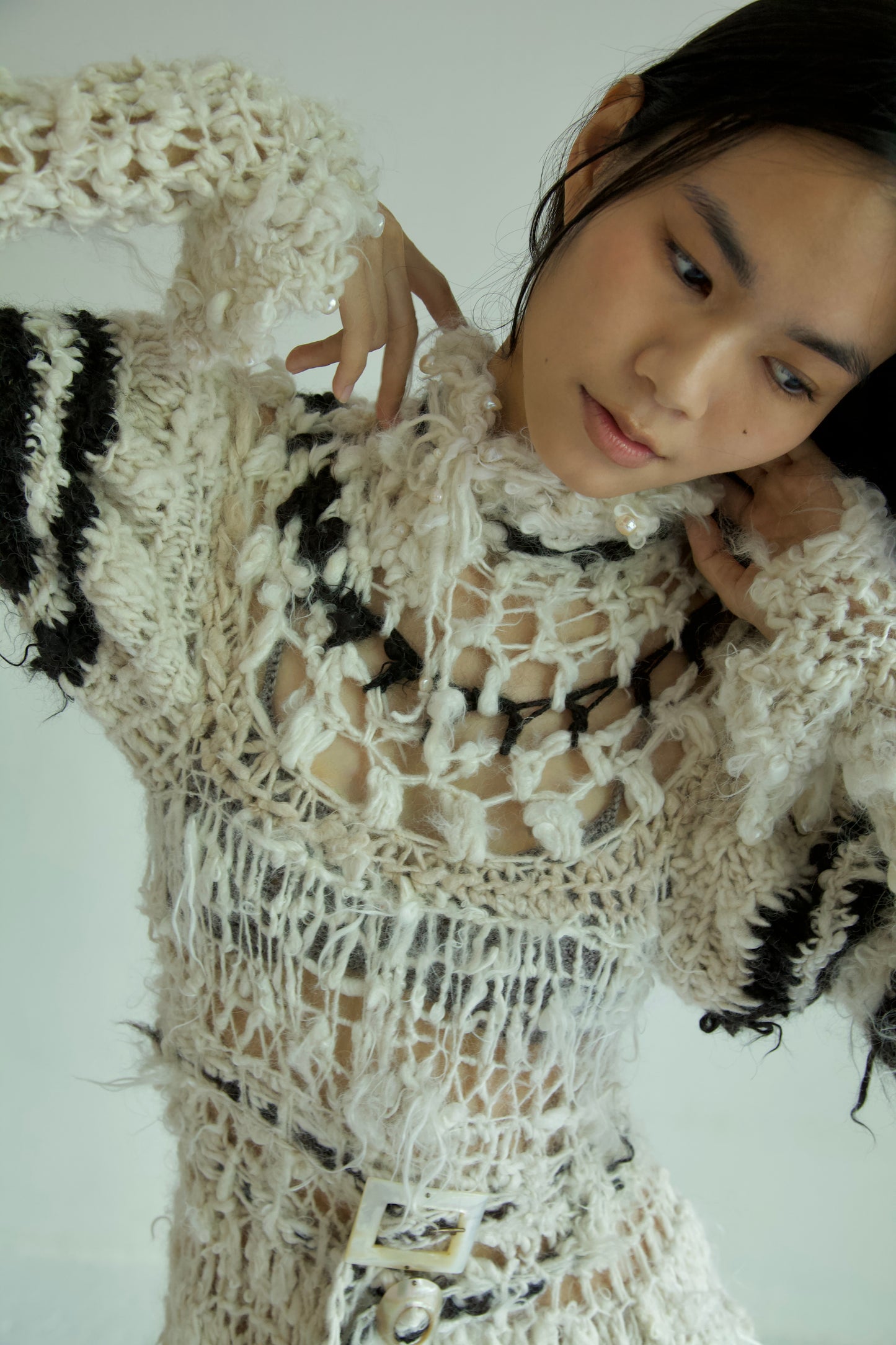 Debris Decomposing Victorian Revival Fiber Art Crocheted Hand-Spun Alpaca Balloon Sleeve Gown