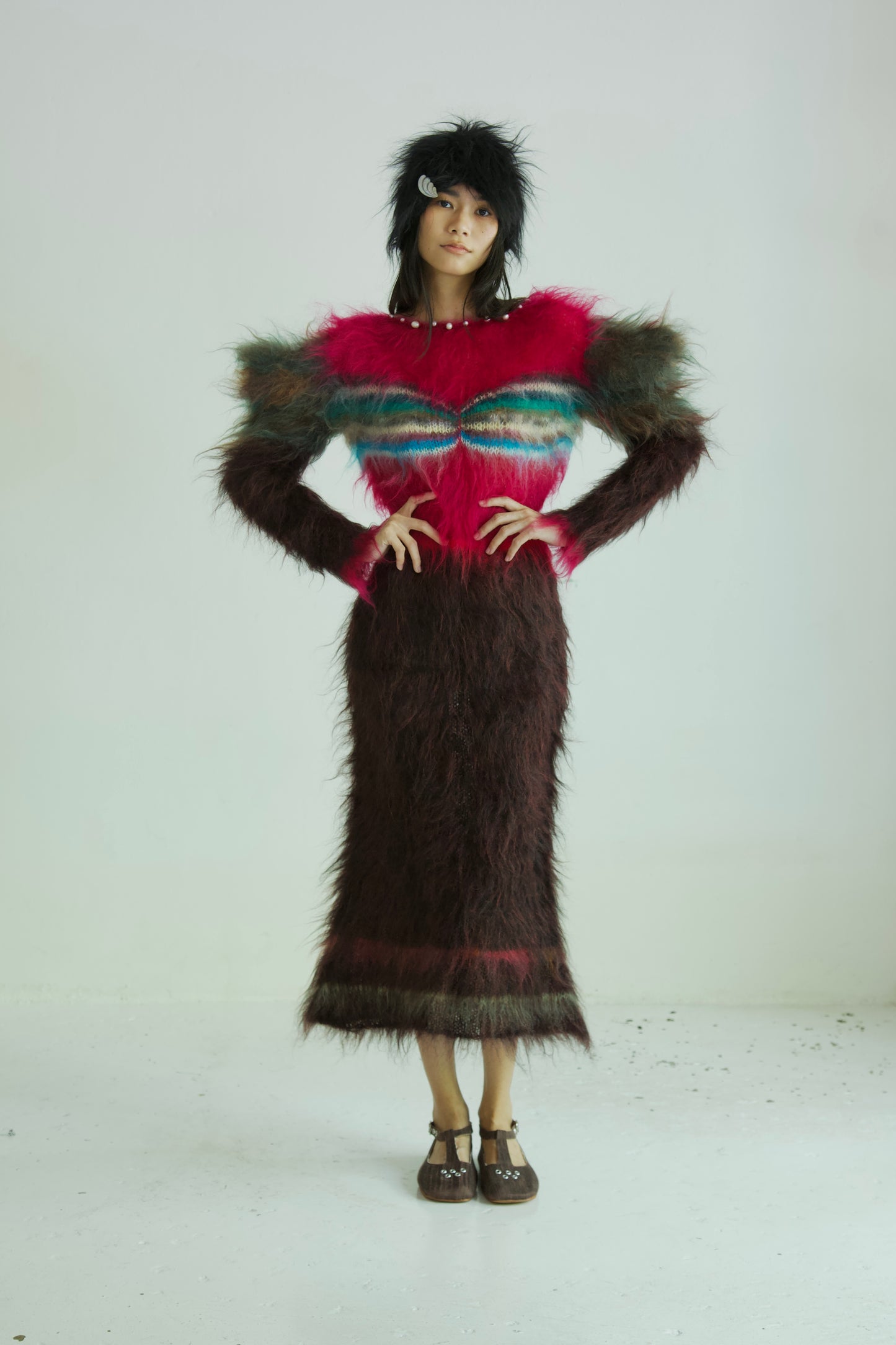 NR Blur Brushed One-of-a-kind Knit Mohair Graphic Ensemble Dress