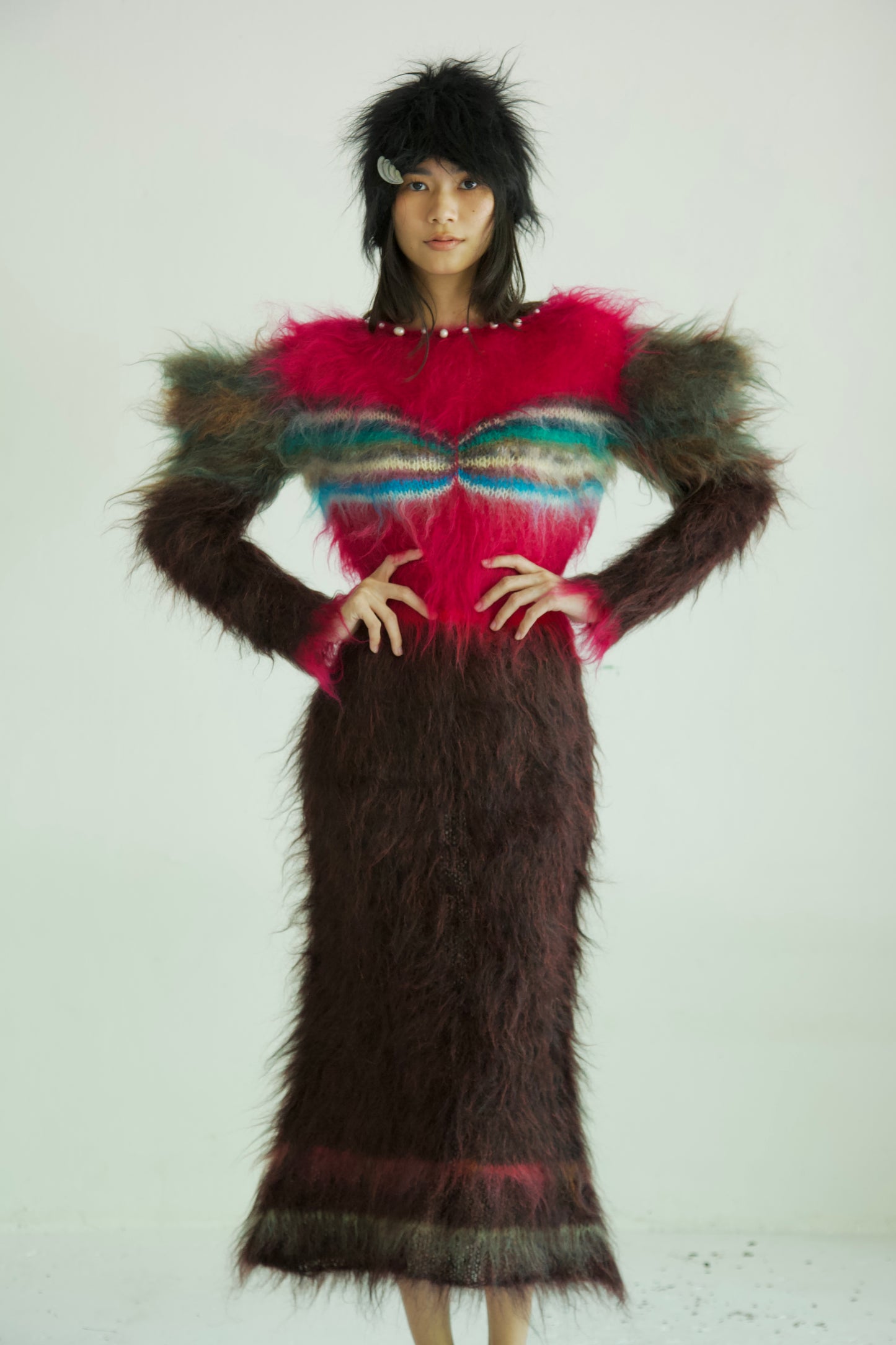NR Blur Brushed One-of-a-kind Knit Mohair Graphic Ensemble Dress