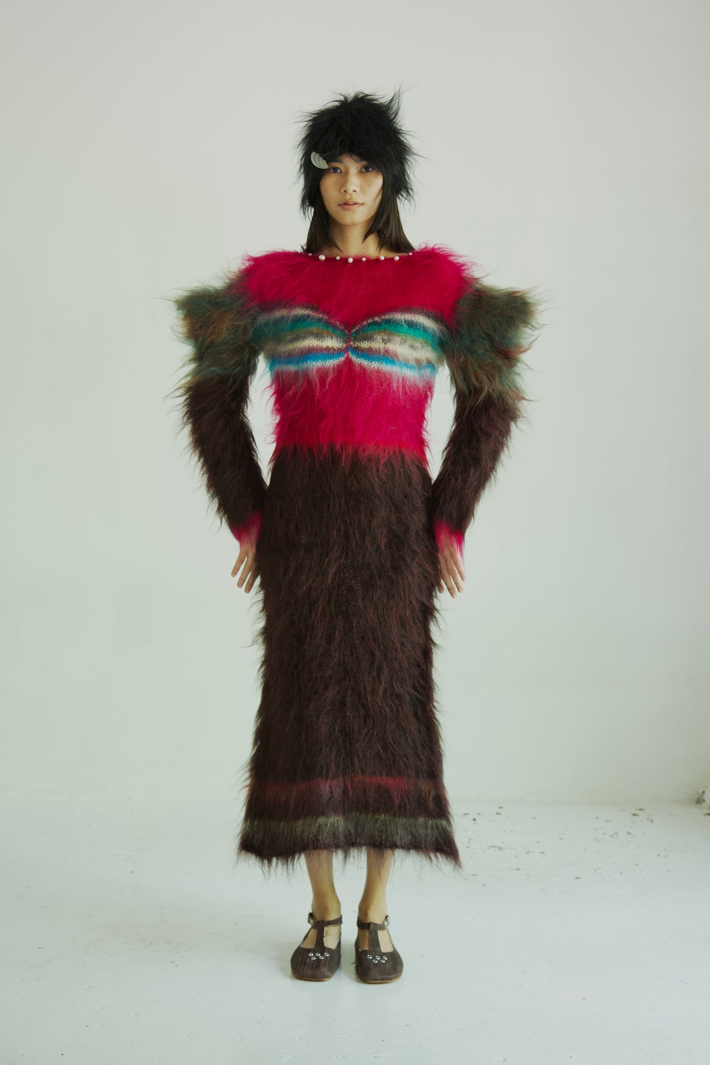 NR Blur Brushed One-of-a-kind Knit Mohair Graphic Ensemble Dress